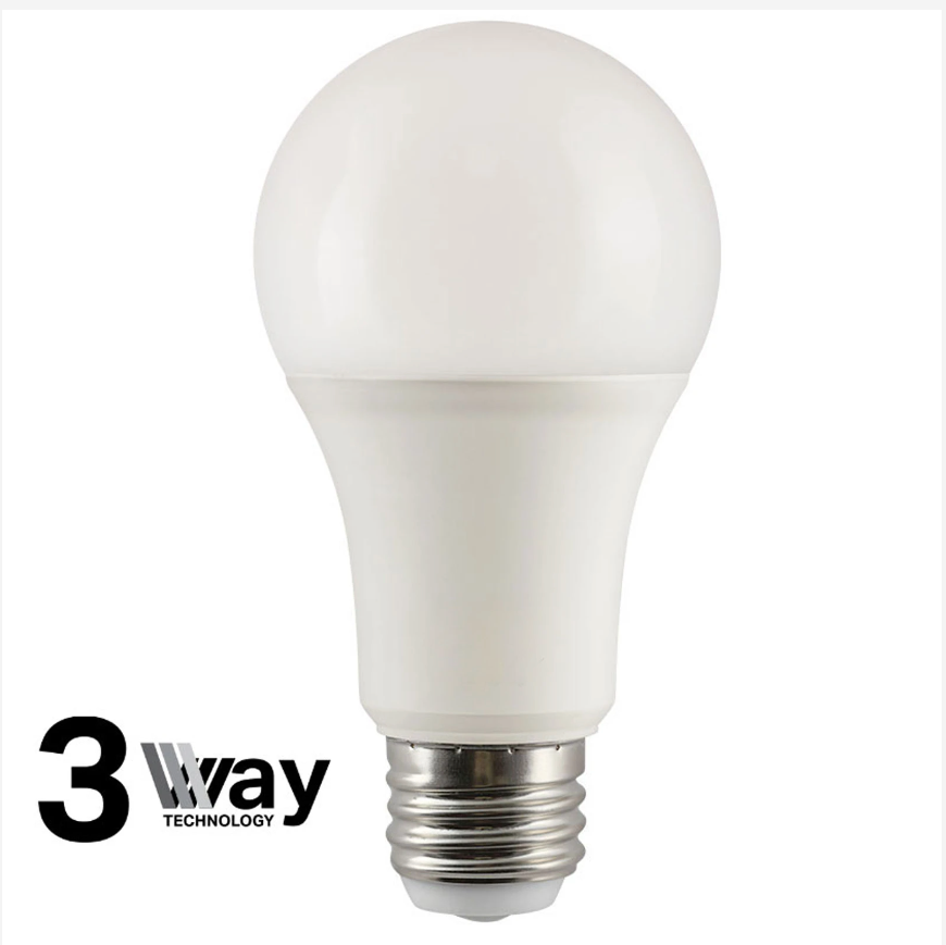VIRIBRIGHT A19 LED bulb with 3-way technology, displaying a bright white light and an E26 base.