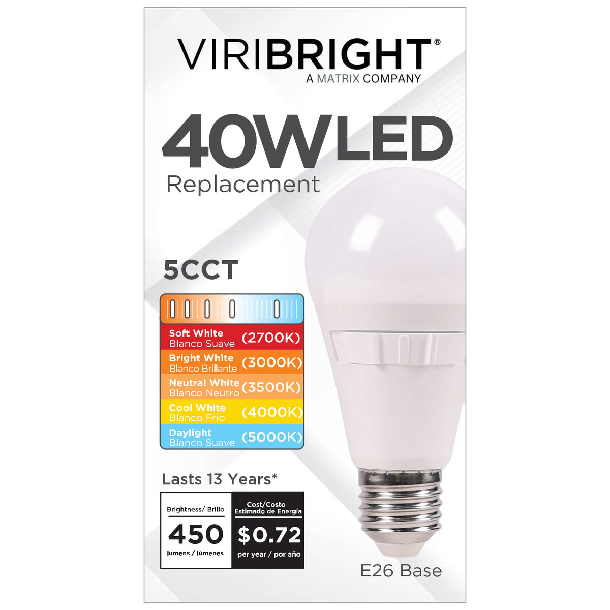 Viribright® A19 LED Light Bulb, 40W Equivalent, 450 Lumens, 5CCT Selectable, 90+ CRI, CEC Title 20