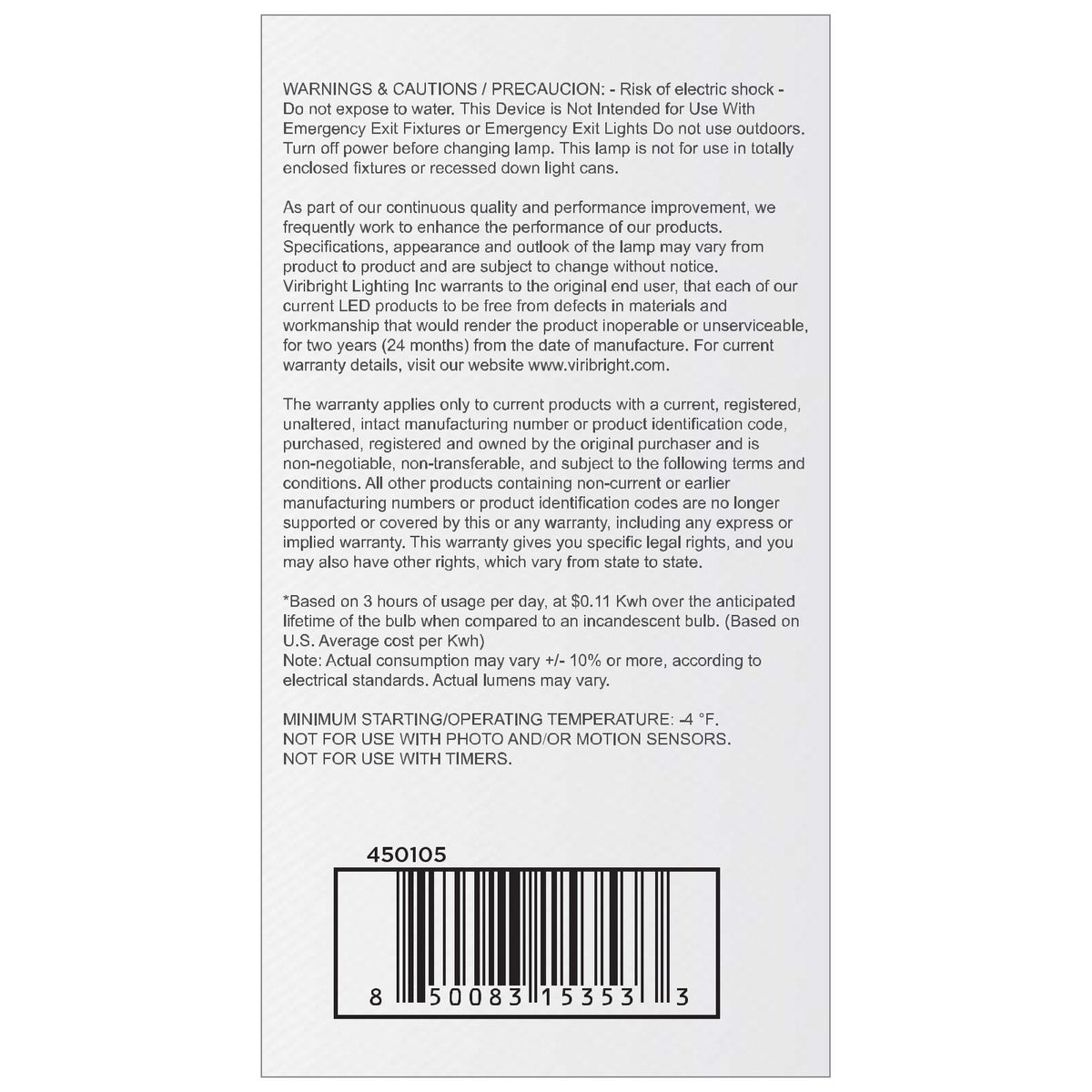 Viribright® A19 LED Light Bulb, 40W Equivalent, 450 Lumens, 5CCT Selectable, 90+ CRI, CEC Title 20
