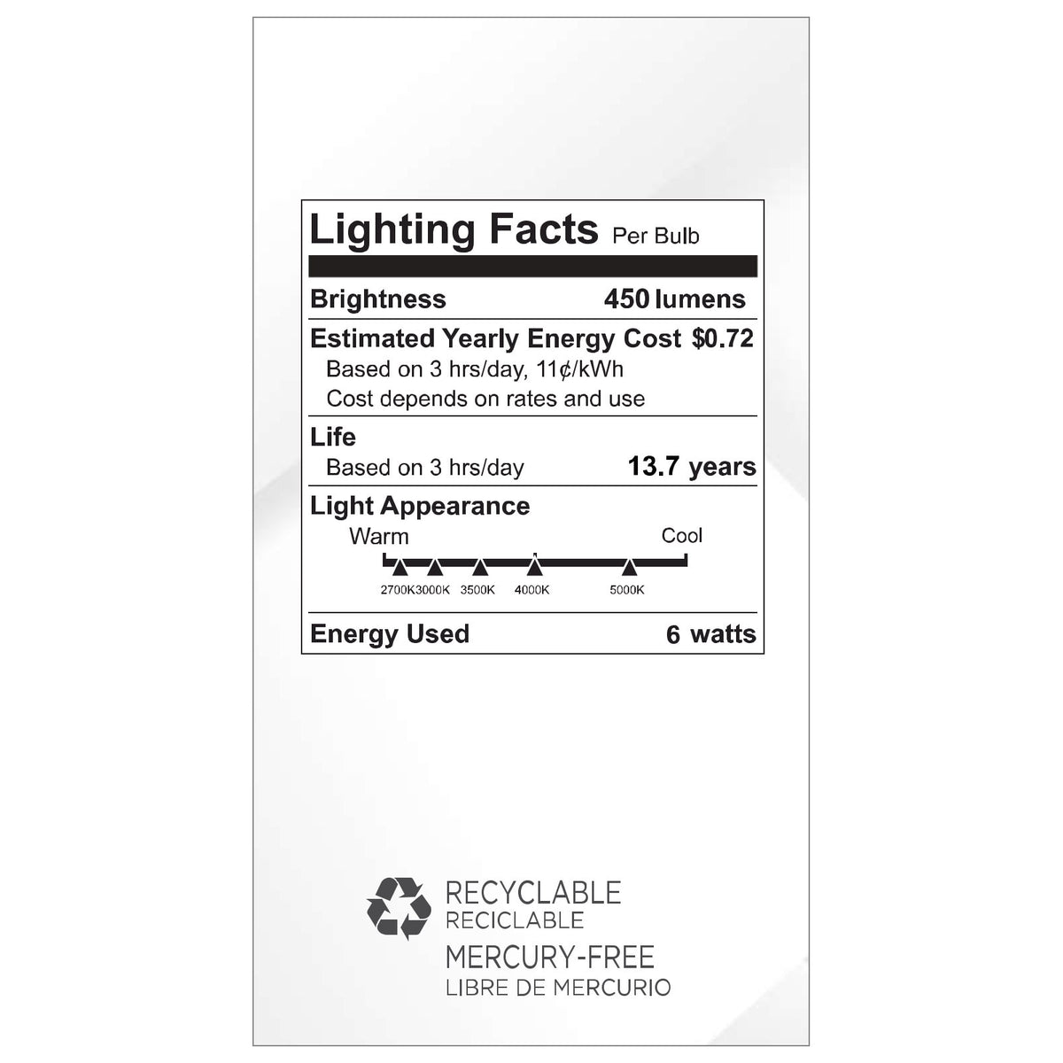 Viribright® A19 LED Light Bulb, 40W Equivalent, 450 Lumens, 5CCT Selectable, 90+ CRI, CEC Title 20