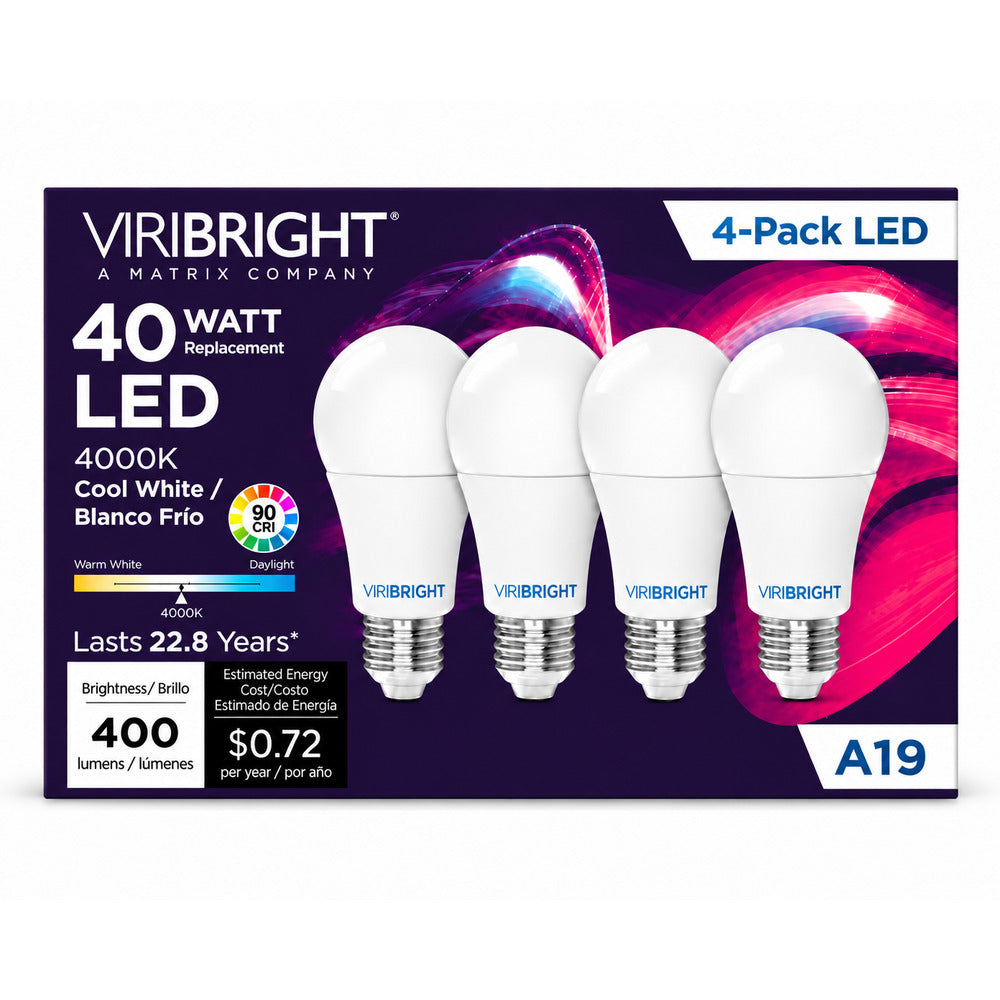 A four pack of Viribright JA8 CEC Title 20 Title 24 LED light bulbs for homes and businesses.