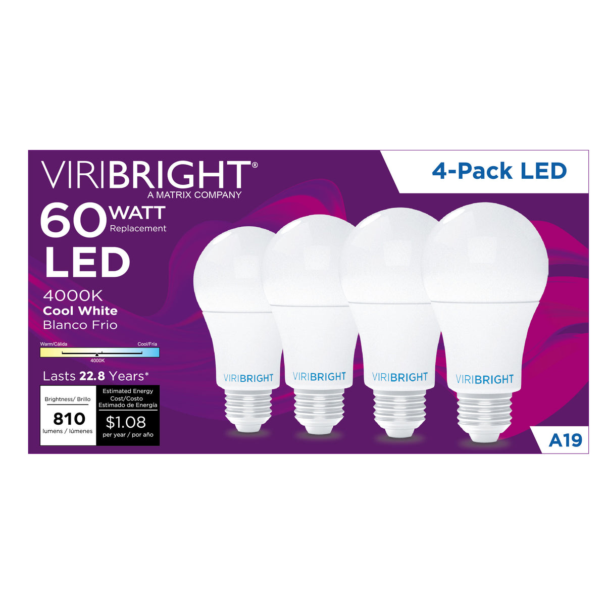 Viribright® A19 LED Bulb 60W Equivalent, 810 Lumens, Dimmable, 90+ CRI, CEC, E26