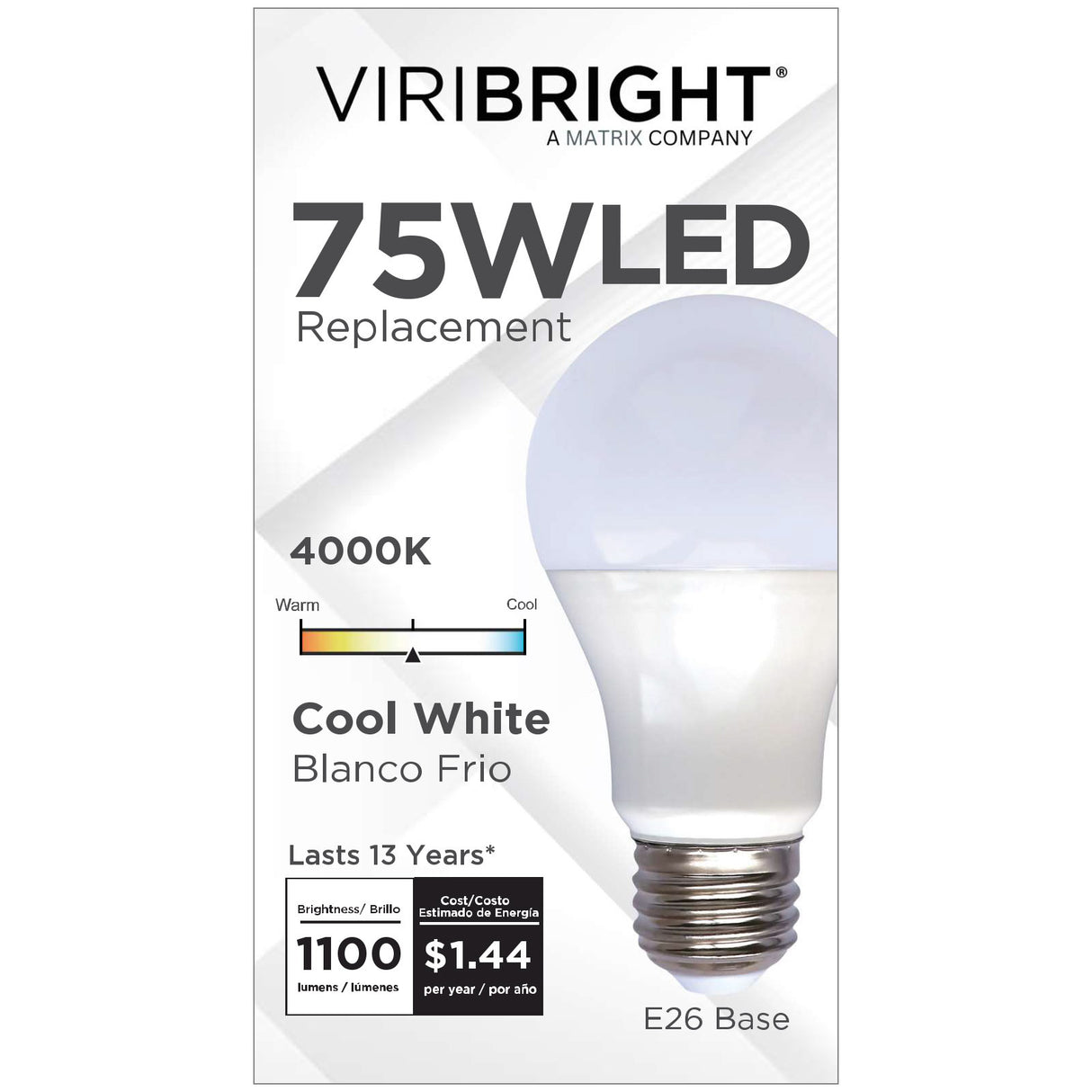 Viribright® A19 LED Bulb, 12W, 1100 Lumens, Dimmable, CEC