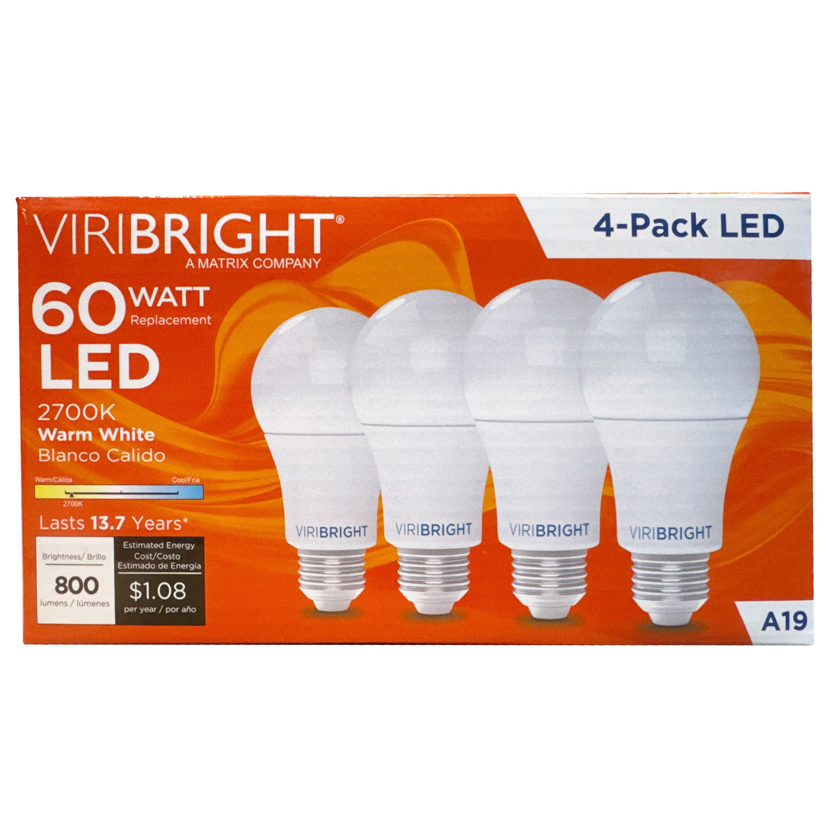 Viribright® A19 LED Bulb 60W Equivalent, 810 Lumens, Dimmable, 90+ CRI, CEC, E26