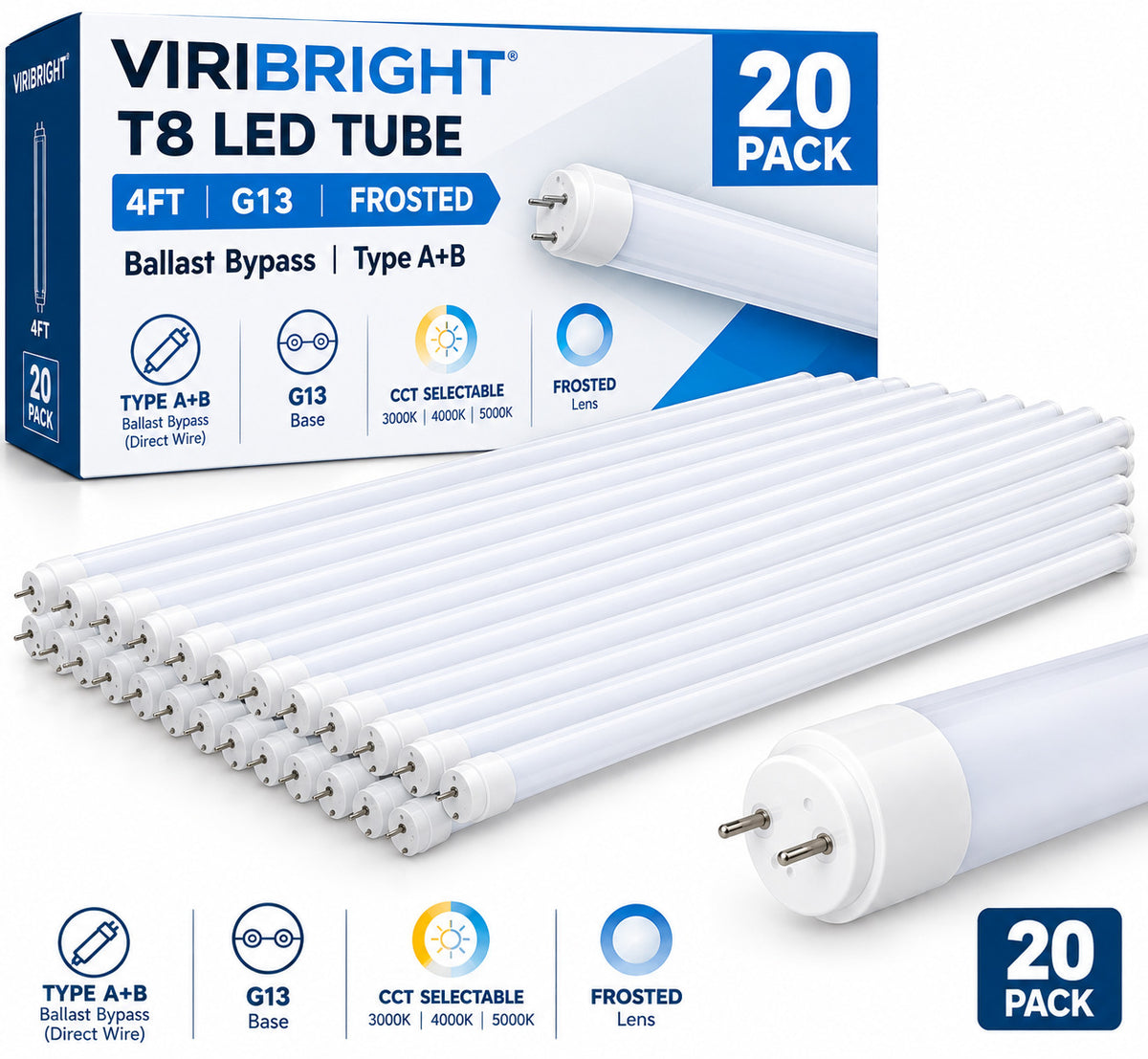 Viribright® T8 LED Tube, G13, 4Ft, Frosted, Hybrid Type A+B, CCT (20 Pack)