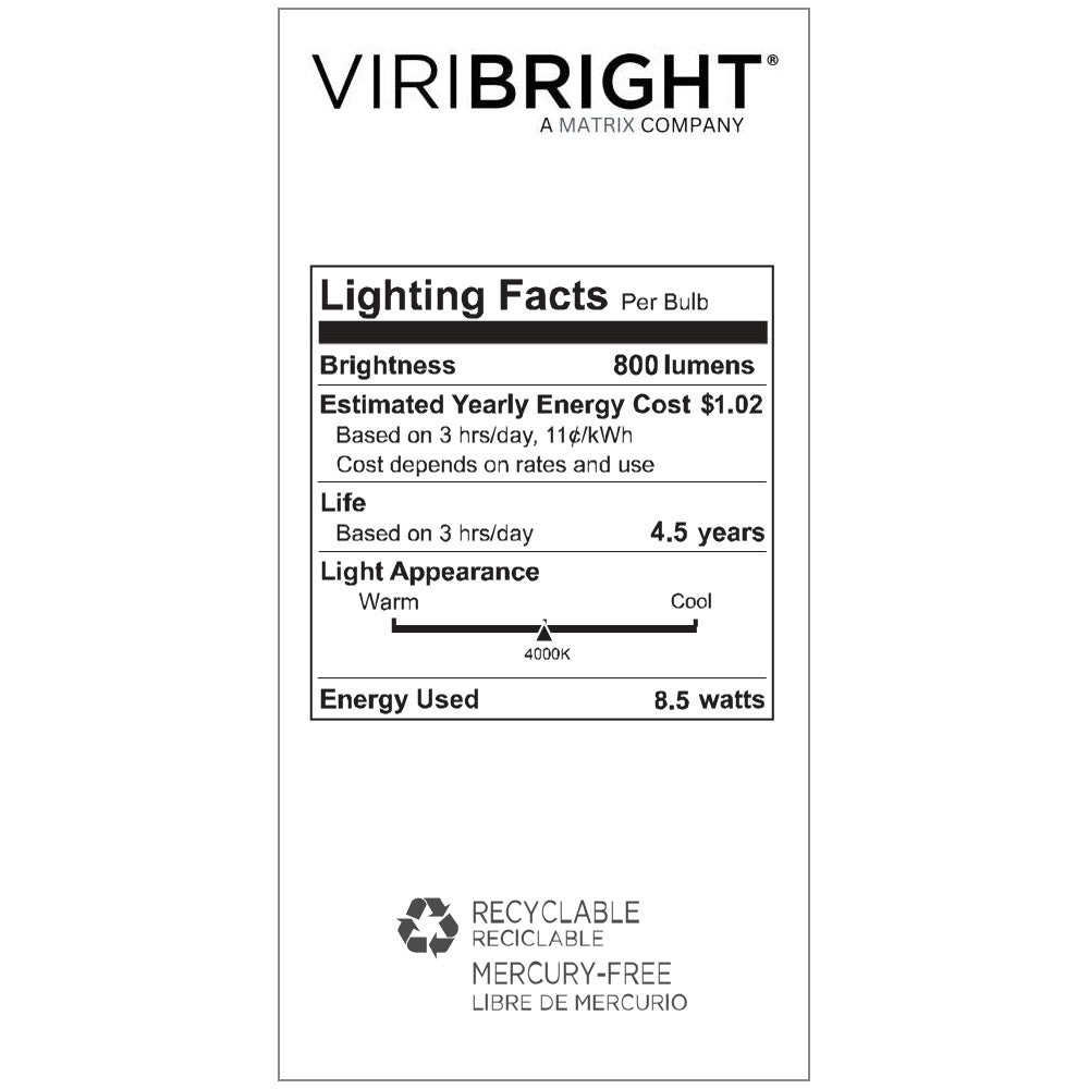 Viribright® A19 LED Bulb, ECO, 8.5W, Non-Dimmable, Cool White 4000K