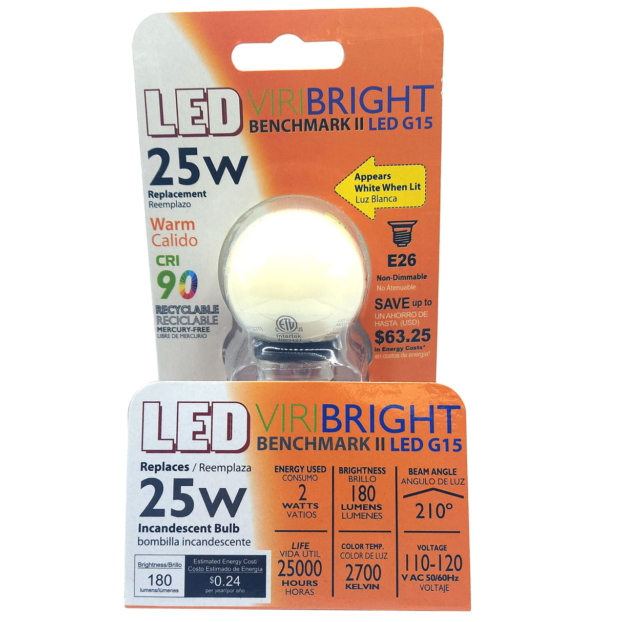 G15 LED Bulb, Globe 180 Lumens, 2700K, 90+ CRI