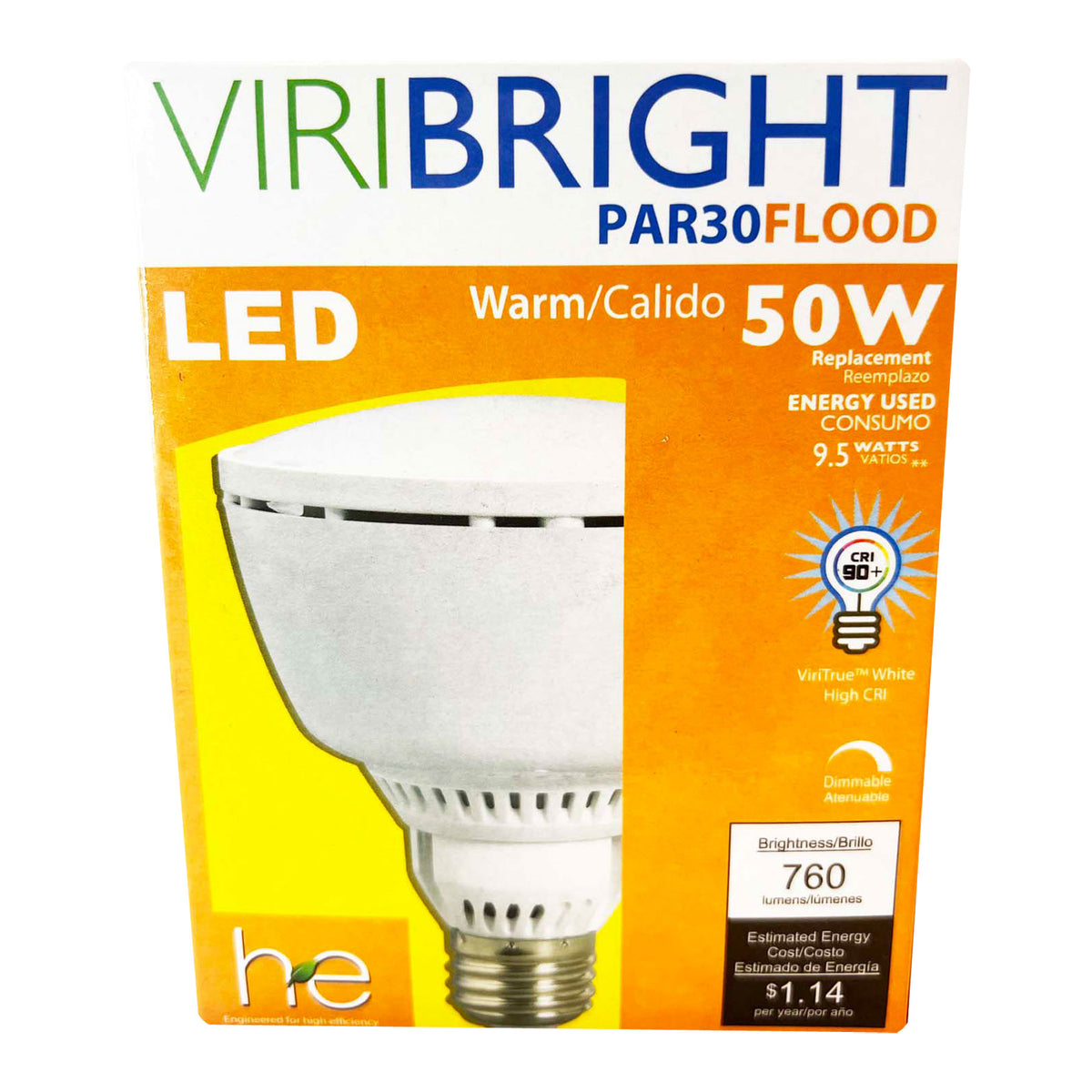 Viribright® 9.5W PAR30 LED Flood Light Bulb, 50W Equivalent, E26 Base, 90 CRI, Dimmable