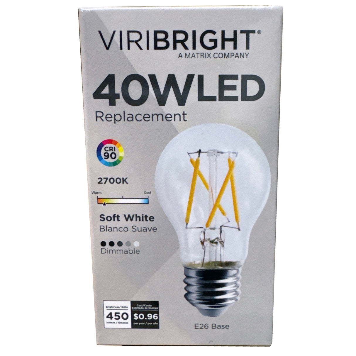Viribright® A15 LED Filament Bulb, 40W EQ, Dimmable, CEC, Clear Glass, 90+ CRI, Soft White 2700K