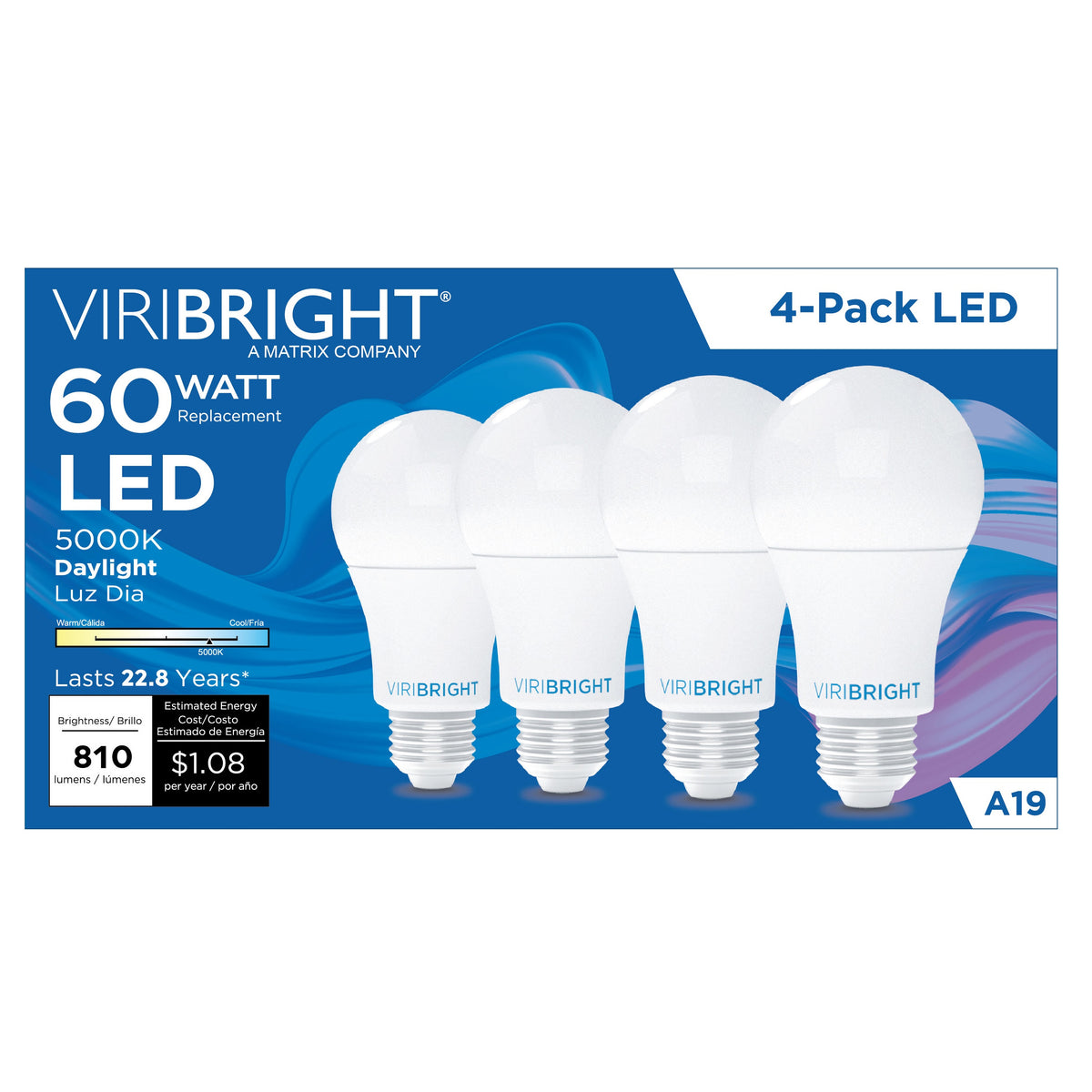 Viribright® A19 LED Bulb 60W Equivalent, 810 Lumens, Dimmable, 90+ CRI, CEC, E26