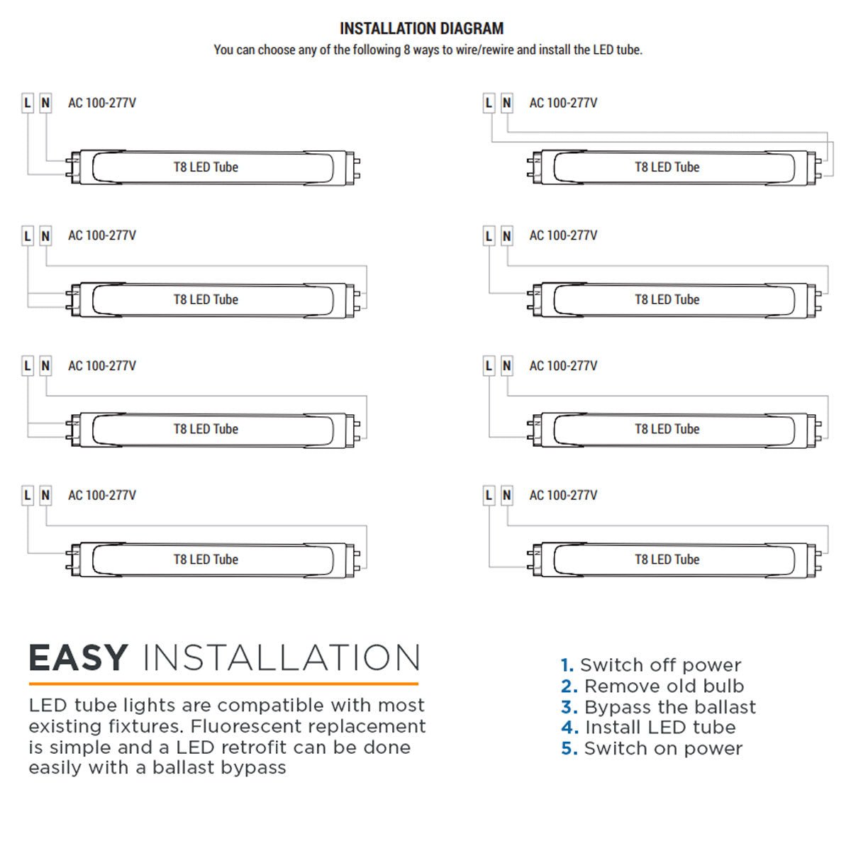 Viribright - 22-Watt T8 4-Foot Ballast Bypass 2970 Lumens LED Light Bulb Tube - 518921-10