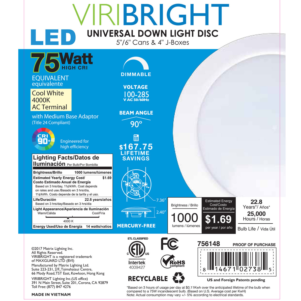 75-Watt Equivalent Universal 6in. 1000 Lumens LED Downlight Light Replacement Disc, Retrofit E26 Adapter Included