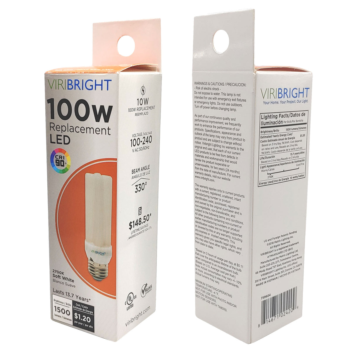 VIRISTICK LED Bulb, 100W Equivalent, E26, 1500 Lumens (8 Pack)