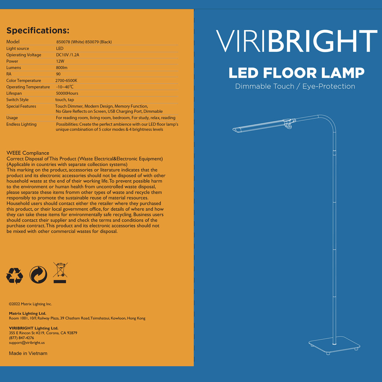 Modern LED Floor Lamp with USB Charger Socket & Wireless Remote