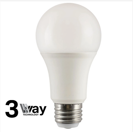 VIRIBRIGHT A19 LED bulb with 3-way technology, displaying a bright white light and an E26 base.