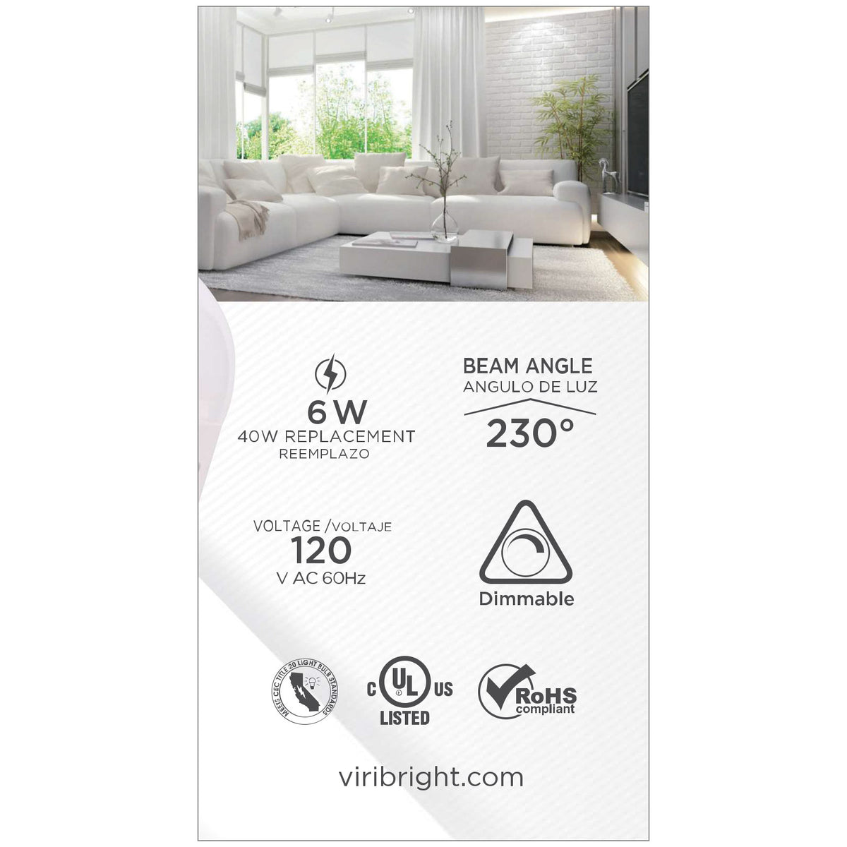 Viribright® A19 LED Light Bulb, 40W Equivalent, 450 Lumens, 5CCT Selectable, 90+ CRI, CEC Title 20