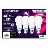 A four pack of Viribright JA8 CEC Title 20 Title 24 LED light bulbs for homes and businesses.