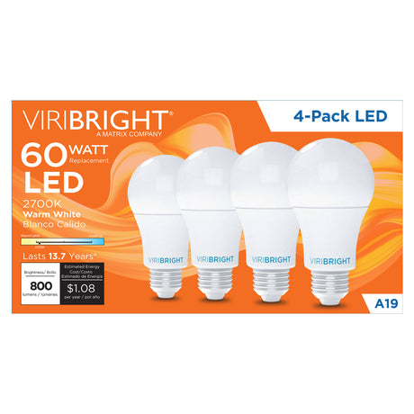 Viribright® A19 LED Bulb, 60W, Dimmable, 810 Lumens, CEC, 90+ CRI (4 Pack)