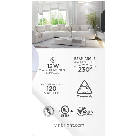 Viribright® A19 LED Bulb, 12W, Dimmable, CEC, Title 20, 1100 Lumens, Cool White 4000K