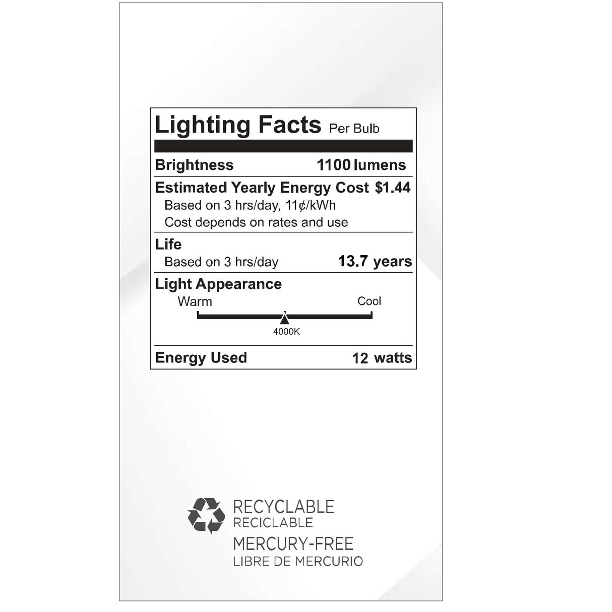 Viribright® A19 LED Bulb, 12W, 1100 Lumens, Dimmable, CEC