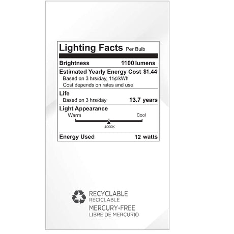 Viribright® A19 LED Bulb, 12W, Dimmable, CEC, Title 20, 1100 Lumens, Cool White 4000K