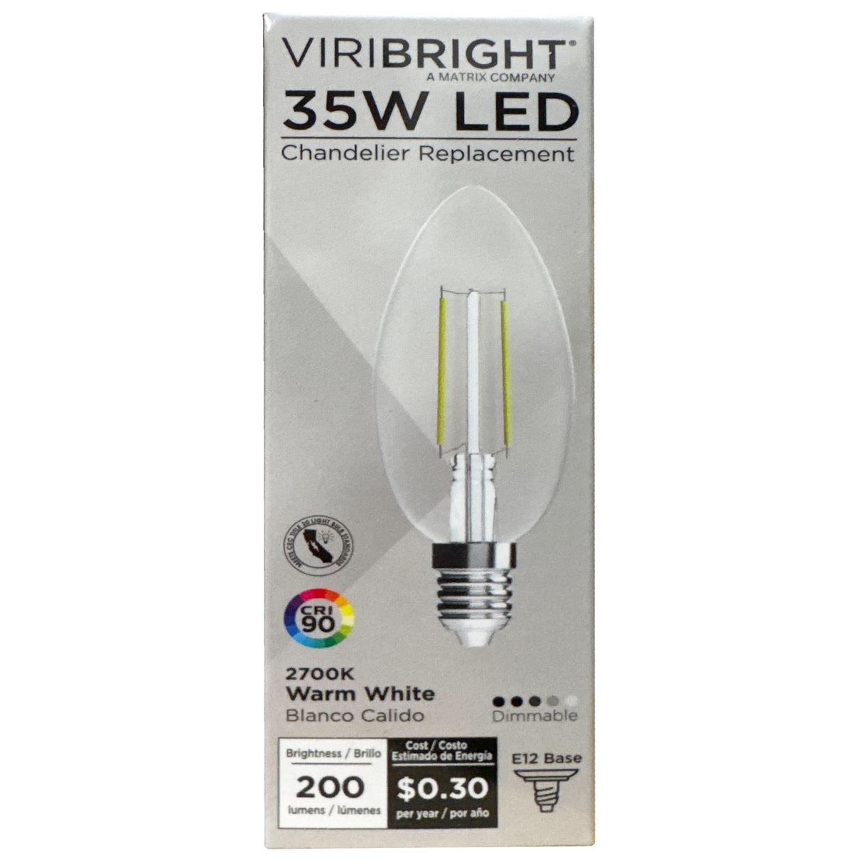 Viribright® B11 LED Candelabra Bulb, E12, Filament, Dimmable, CEC, 90+ CRI, Warm White 2700K
