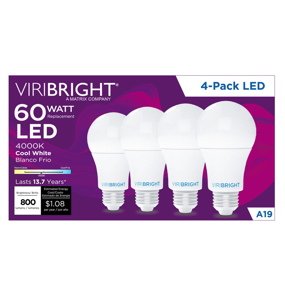 Viribright® A19 LED Bulb 60W Equivalent, 800 Lumens, Non-Dimmable, E26