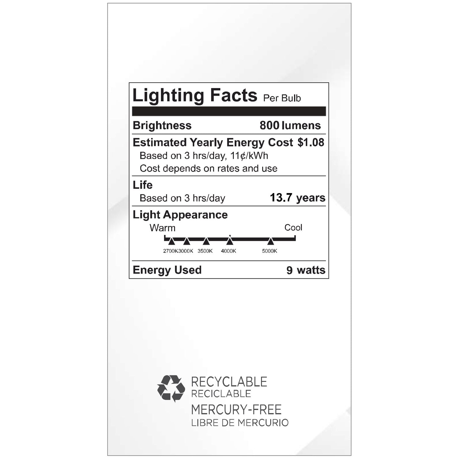 Viribright® A19 LED Light Bulb, E26, 60W Equivalent, Dimmable, 5CCT, CEC