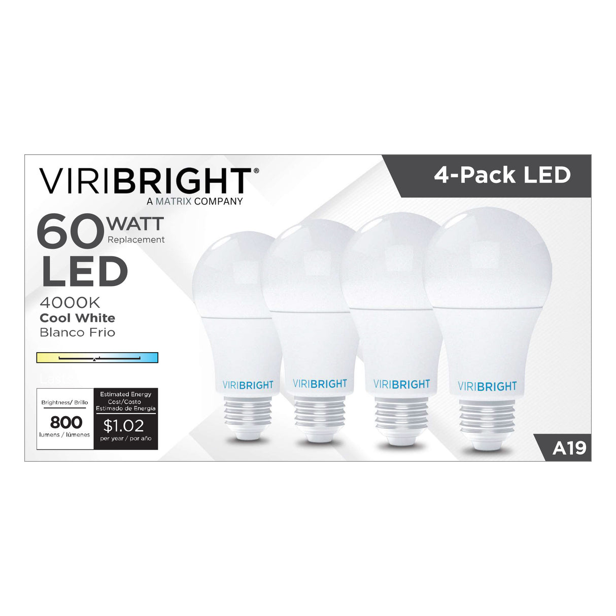 Viribright® A19 LED Bulb, ECO, 8.5W, Non-Dimmable, Cool White 4000K