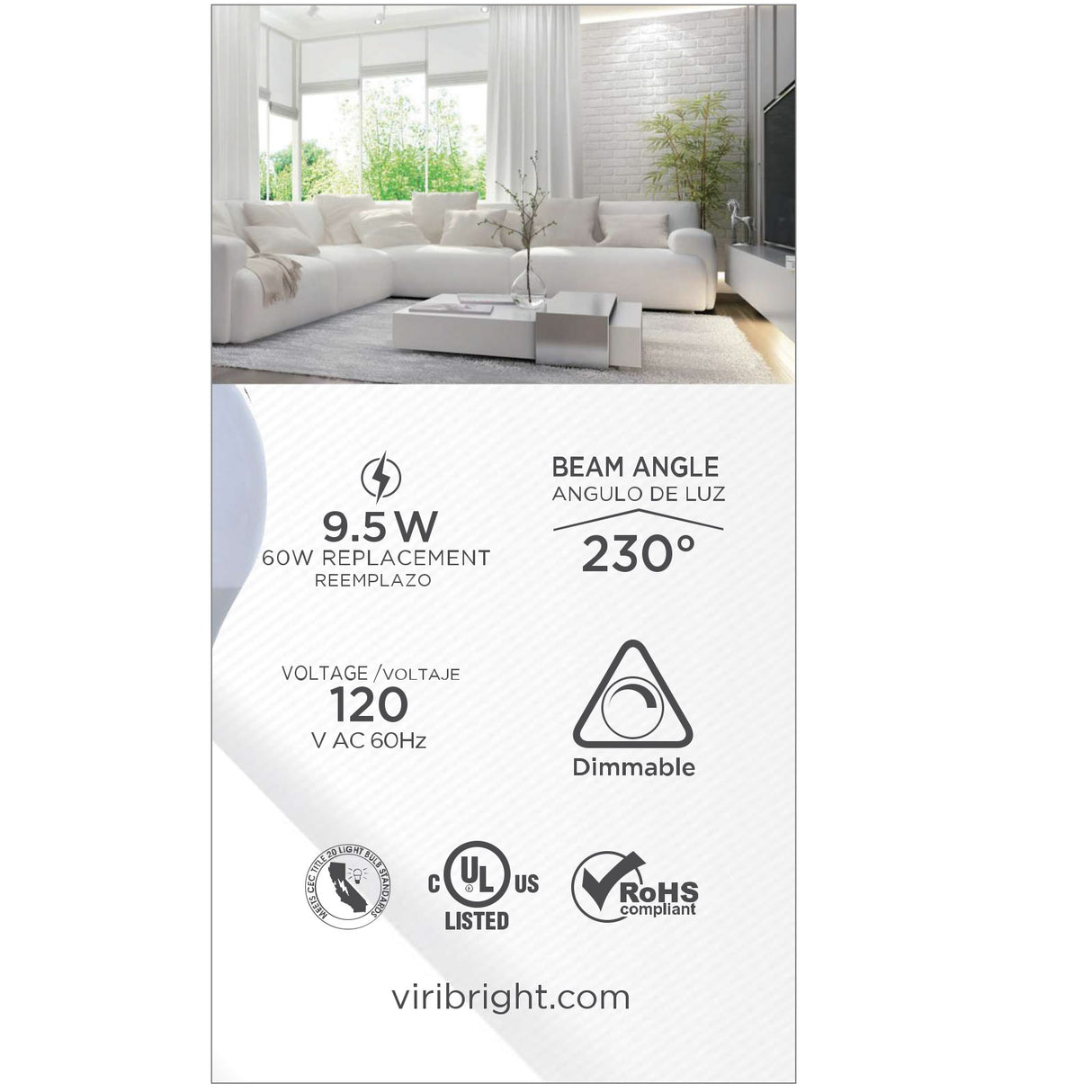 Viribright® A19 LED Bulb, GU24, 9.5W, 800 Lumens, CEC, Energy Star, Dimmable