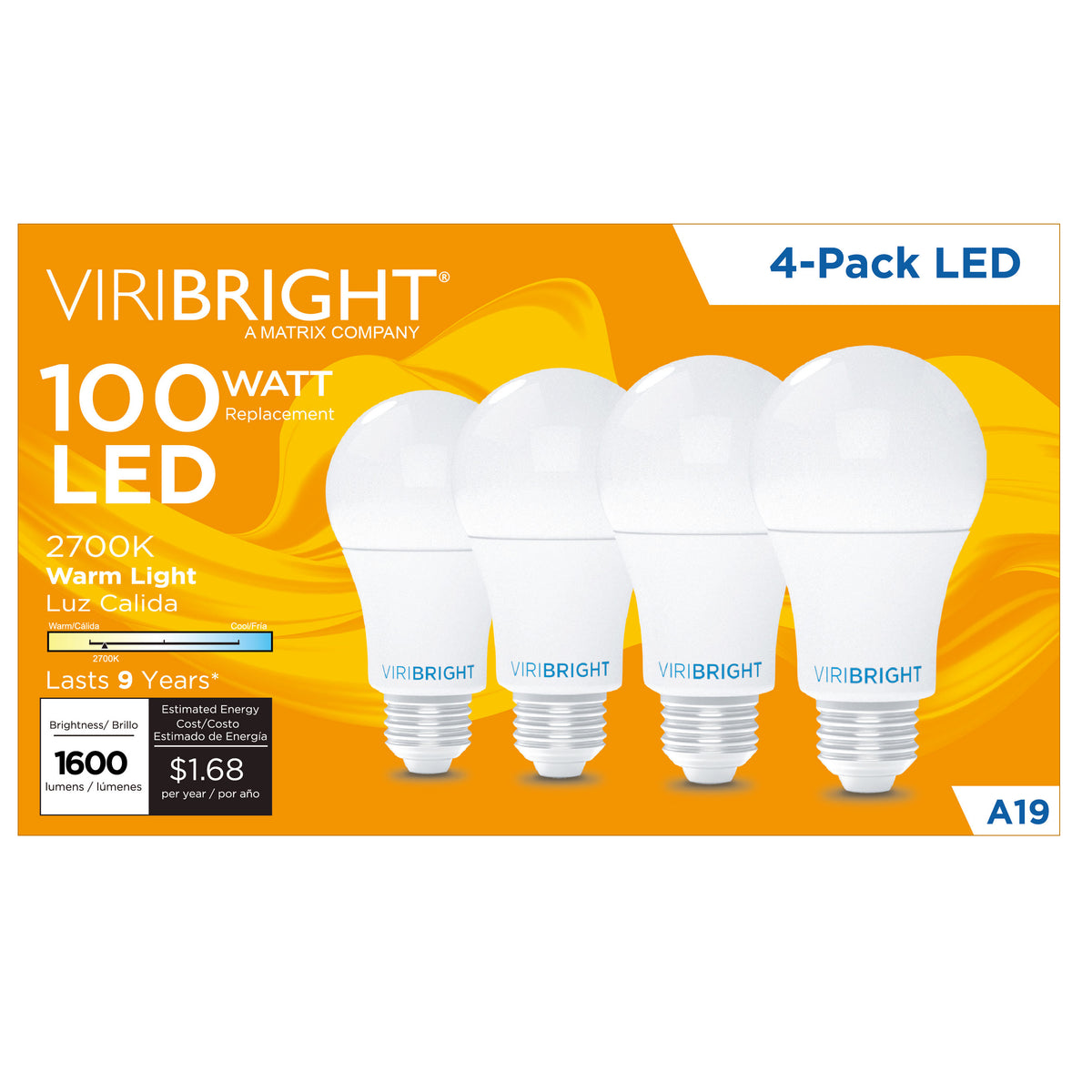 Viribright® A19 LED Light Bulb, 100W Equivalent, 1500 Lumens, Dimmable, E26 Medium Base