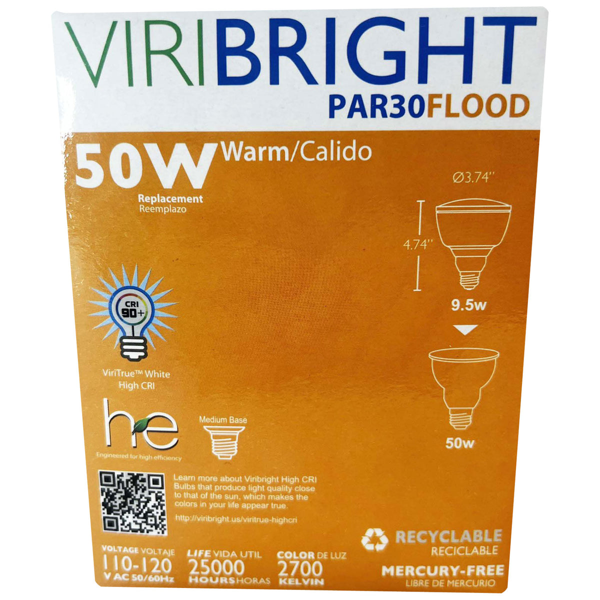 Viribright® 9.5W PAR30 LED Flood Light Bulb, 50W Equivalent, E26 Base, 90 CRI, Dimmable