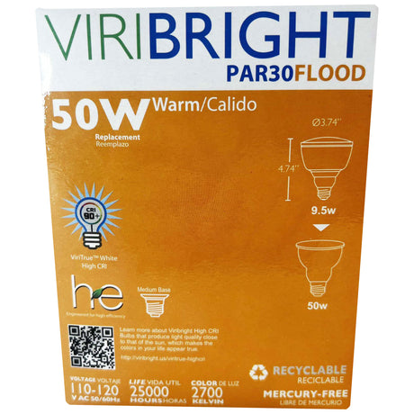 Viribright® 9.5W PAR30 LED Flood Light Bulb, 50W Equivalent, E26 Base, 90 CRI, Dimmable