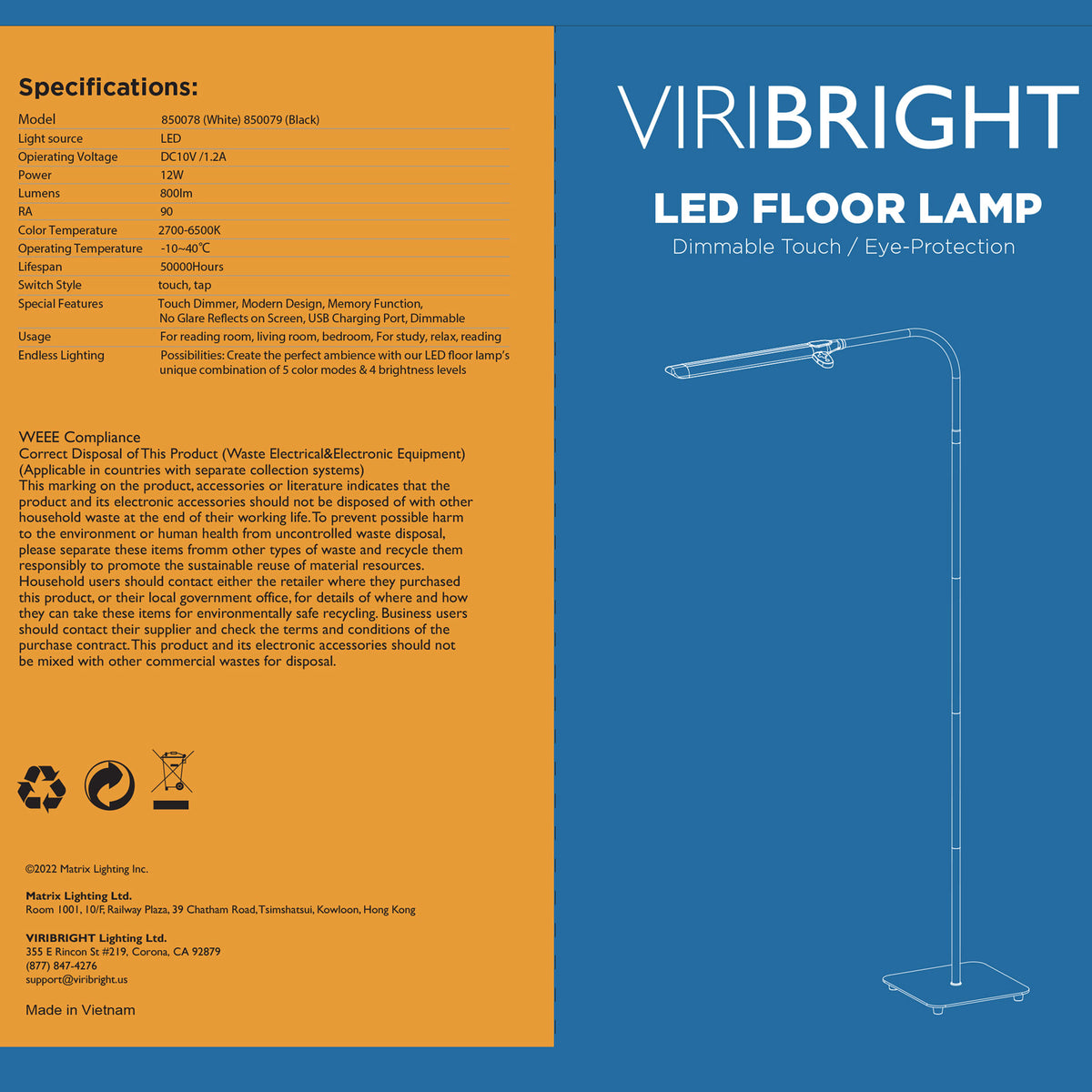 Viribright® 12W LED Floor Lamp – White, Selectable CCT, 2700K–6500K, Dimmable