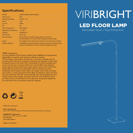 Viribright® 12W LED Floor Lamp – White, Selectable CCT, 2700K–6500K, Dimmable