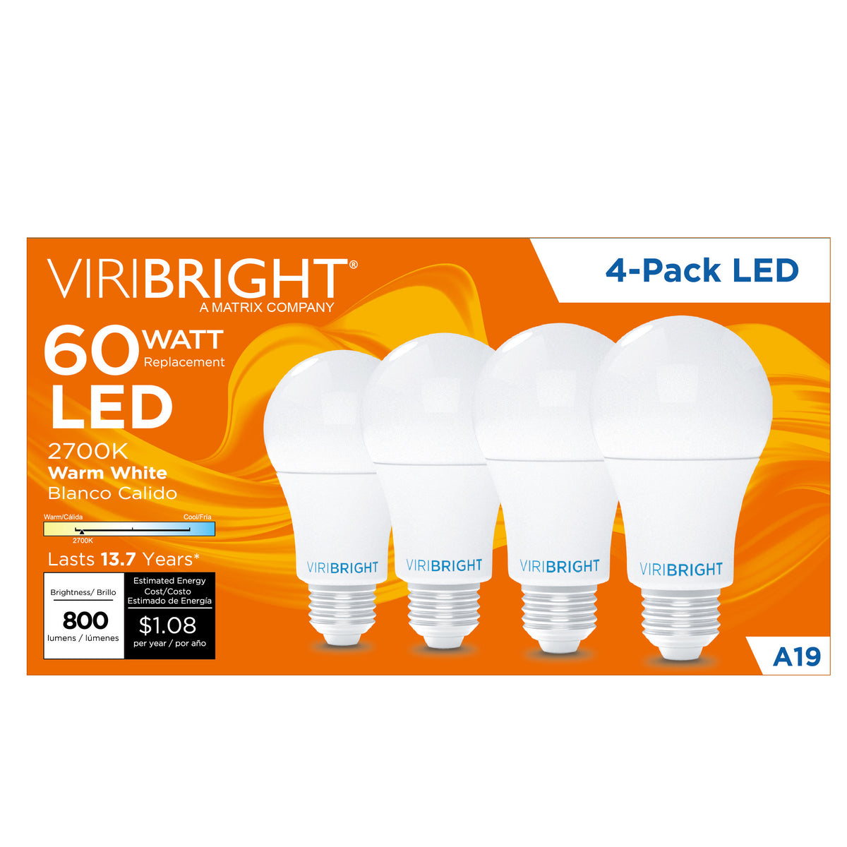 Viribright® A19 LED Bulb 60W Equivalent, 800 Lumens, Non-Dimmable, E26