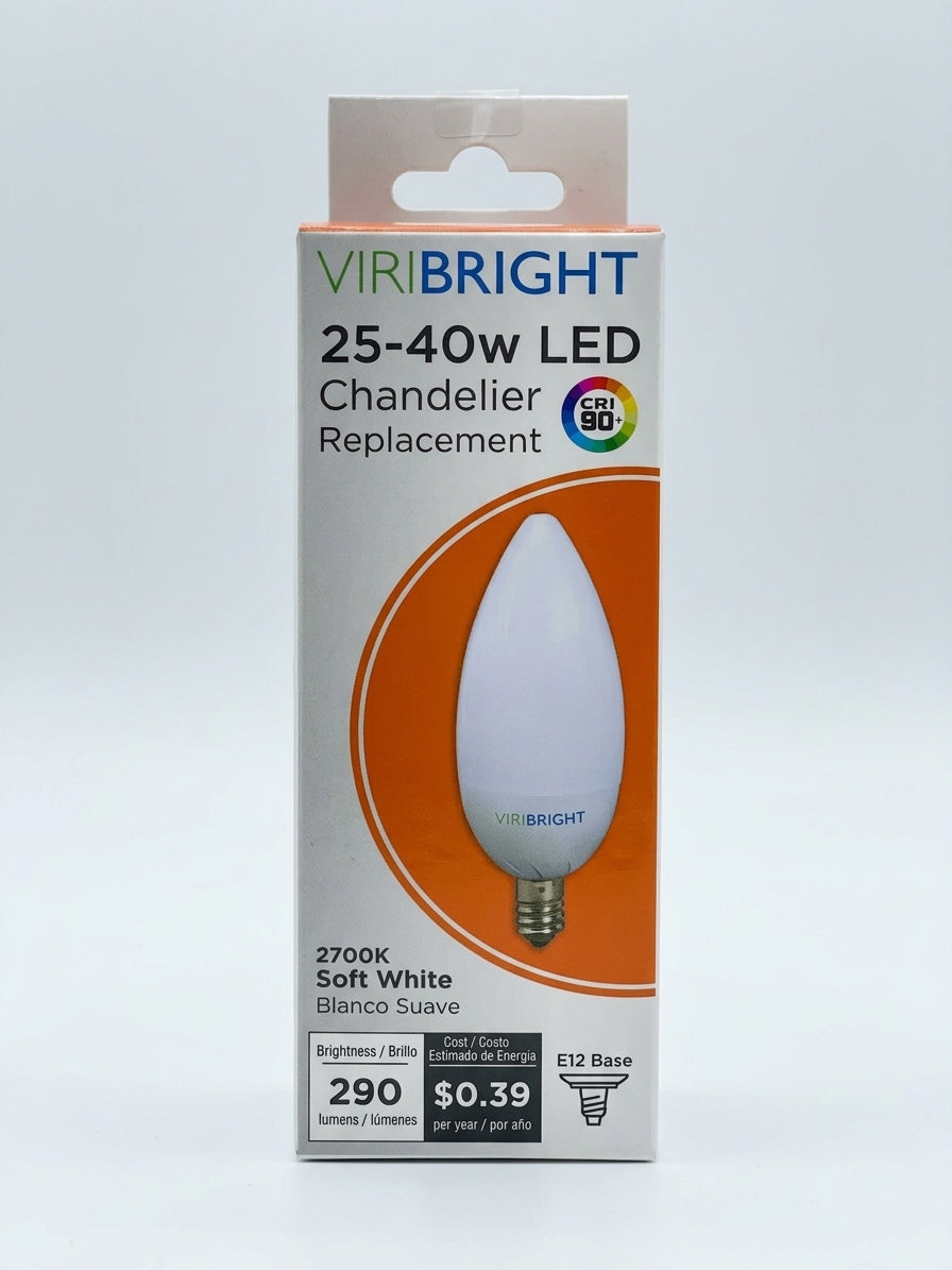 Viribright® B10 LED Candelabra Bulb, E12 Base, 25-40W Equivalent, 90+ CRI, Soft White 2700K