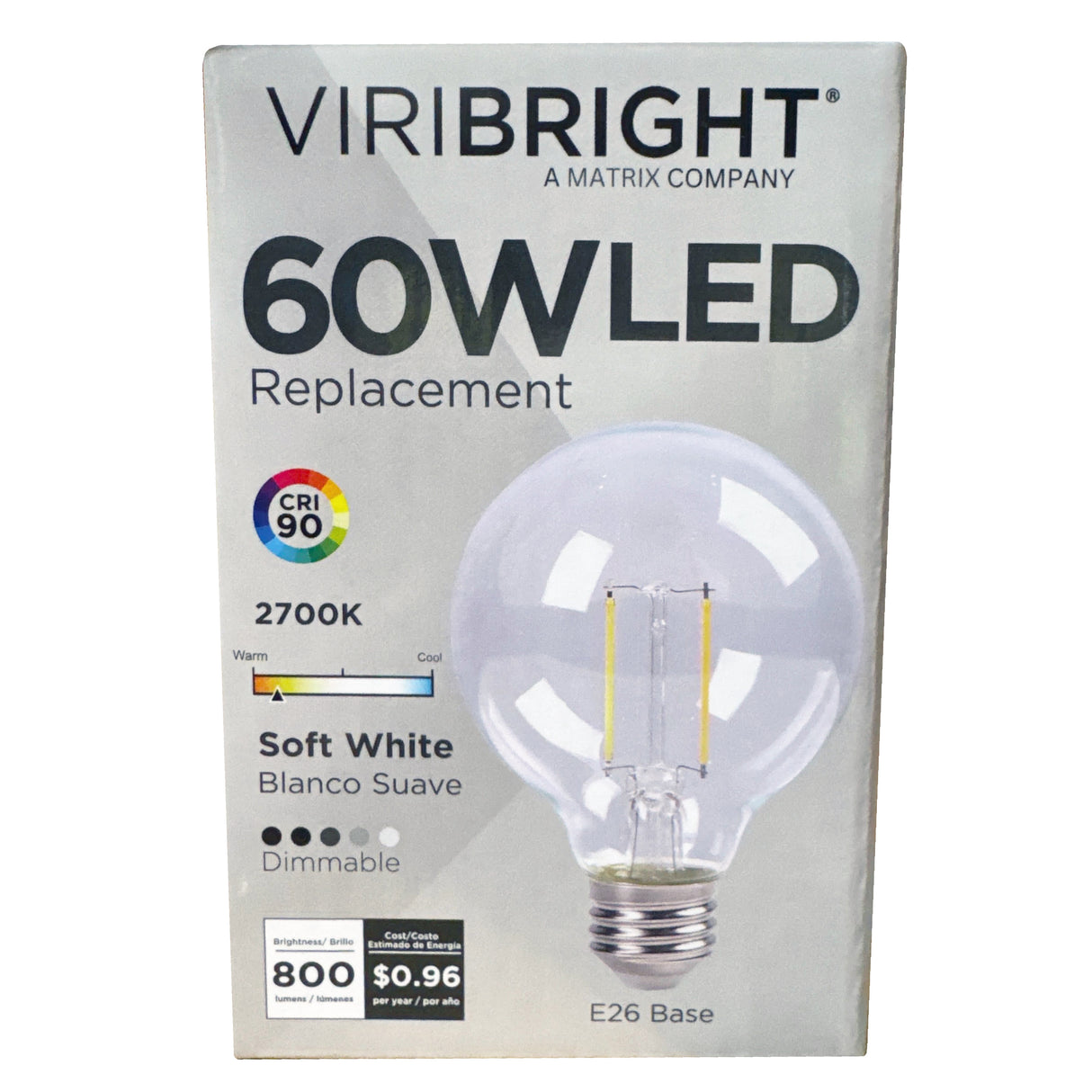 Viribright® G25 LED Bulb, Filament, Clear, Dimmable, 800 Lumens, CEC, 90+ CRI, 2700K