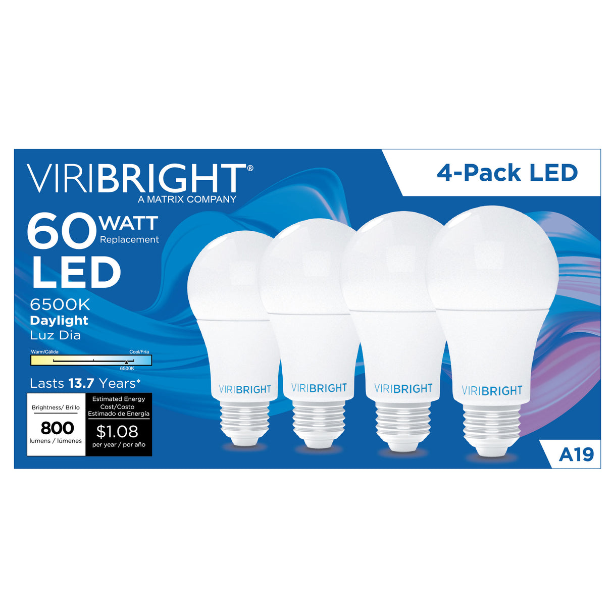 Viribright® A19 LED Bulb, E26, Screw Base, 60W Equivalent, 800 Lumens, Non-Dimmable