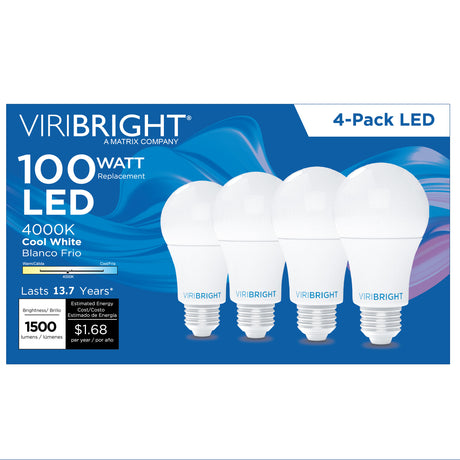 A19 LED Light Bulbs, 100W, 1600 Lumens, Dimmable  (4 Pack)