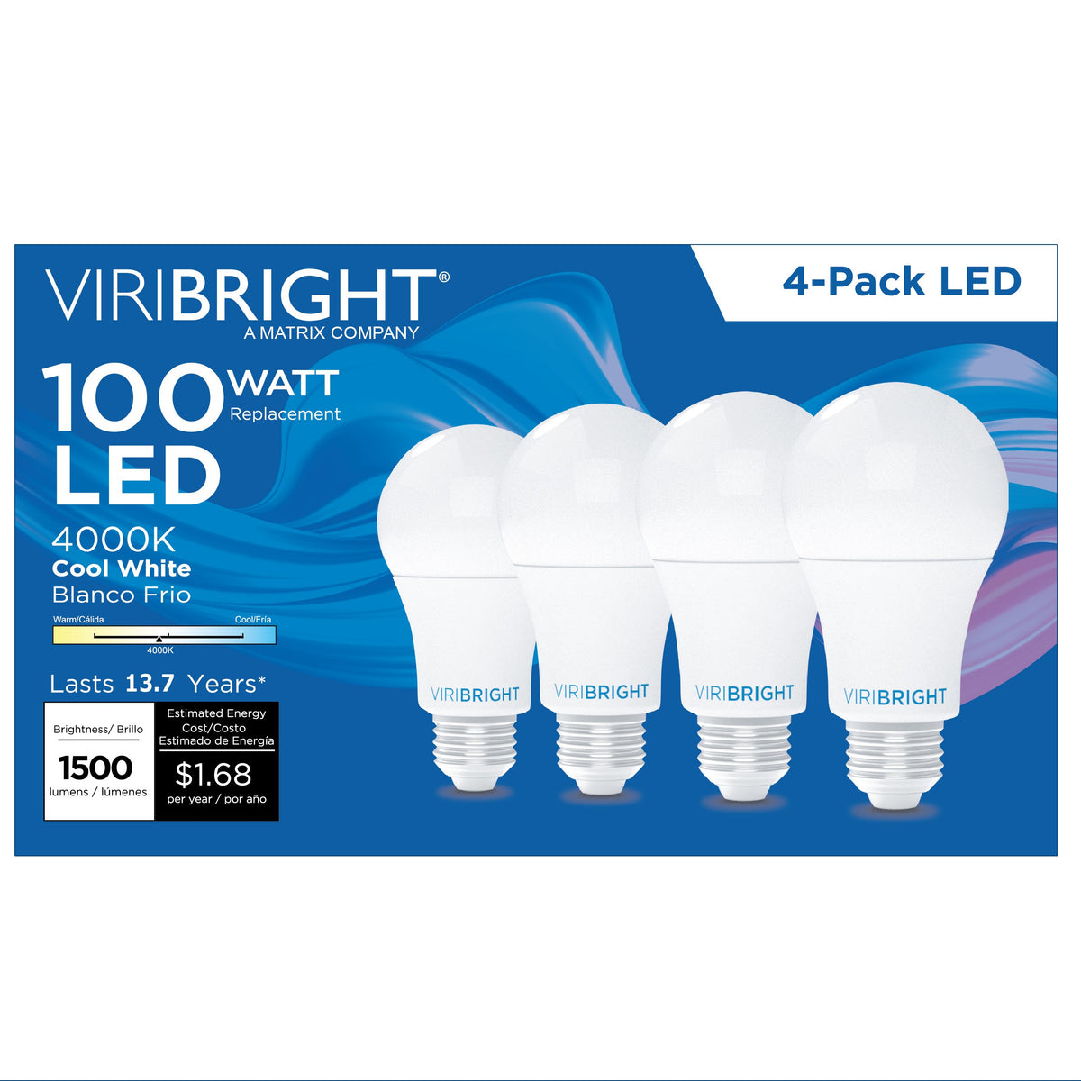 Viribright® A19 LED Light Bulb, 100W Equivalent, 1500 Lumens, Dimmable, E26 Medium Base