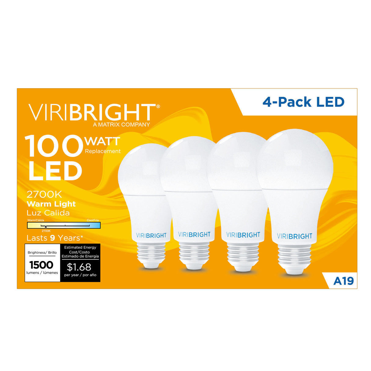 A19 LED Bulb, 100W, Non Dimmable, 1500 Lumens (4 Pack)