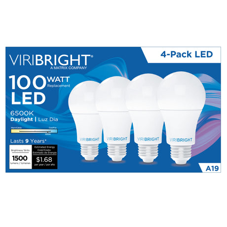 A19 LED Bulb, 100W, Non Dimmable, 1500 Lumens (4 Pack)