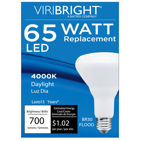 Viribright® BR30 LED Bulb, E26 Screw Base, 700 Lumens, Dimmable, CEC, Title 20, 90+ CRI