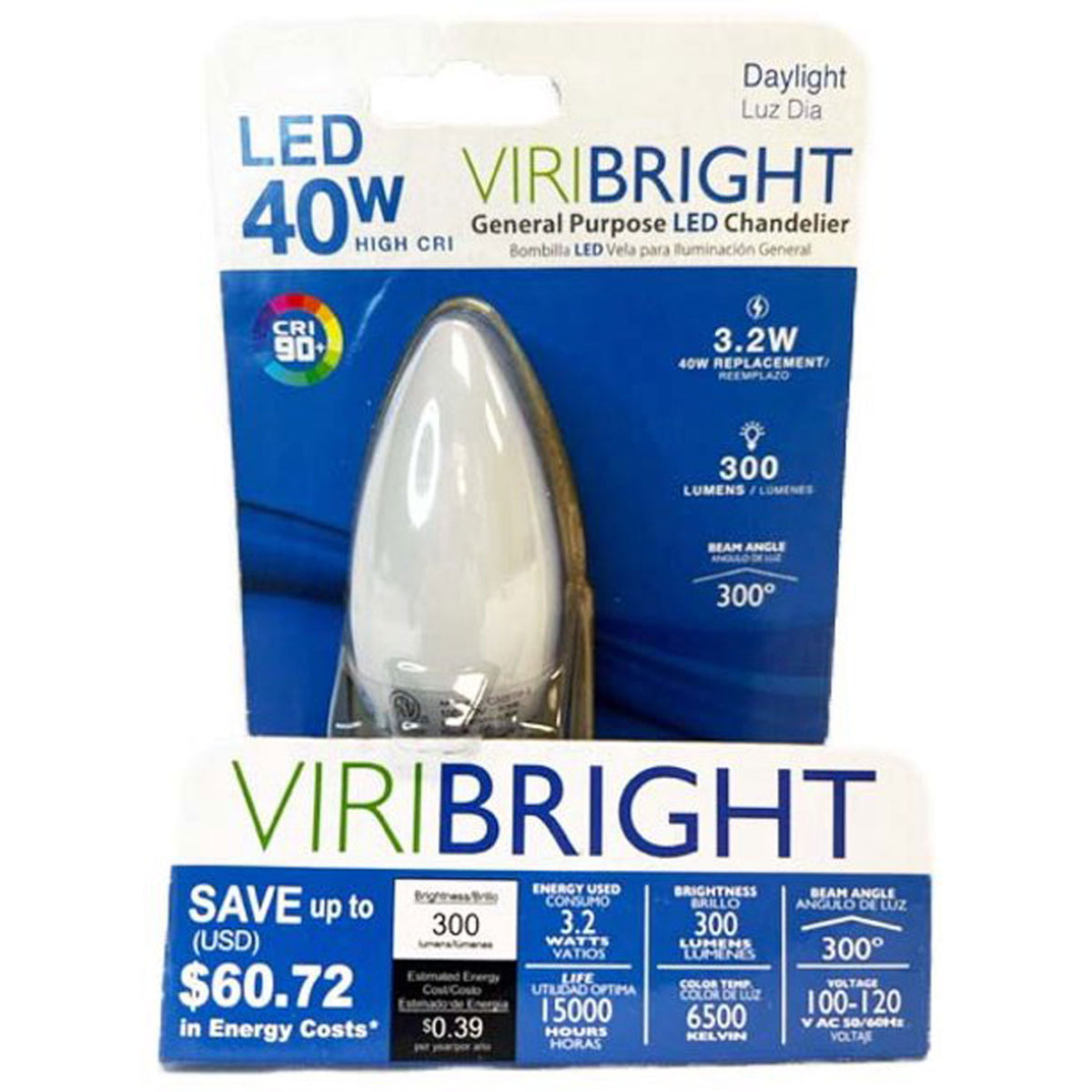 Viribright® B11 LED Candelabra Bulb, 40-Watt EQ, 90+ CRI, Daylight 650 – VIRIBRIGHT Viribright® B11 LED Candelabra Bulb, 40-Watt EQ, 90+ CRI, Daylight 650 – VIRIBRIGHT