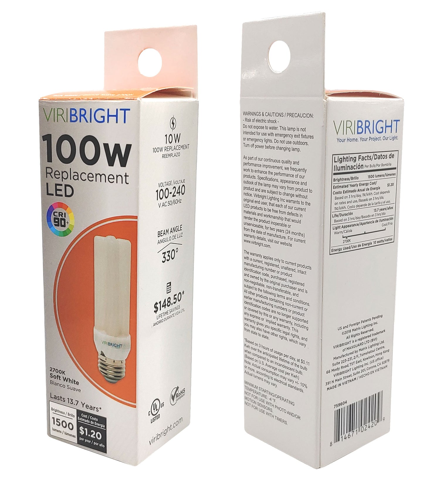 VIRISTICK LED Bulb, 100W Equivalent, E26, 1500 Lumens (8 Pack)